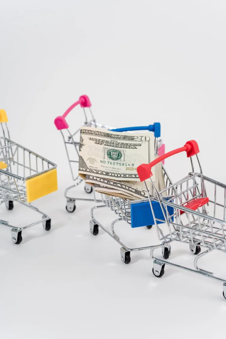 close up photo of money and miniature shopping carts