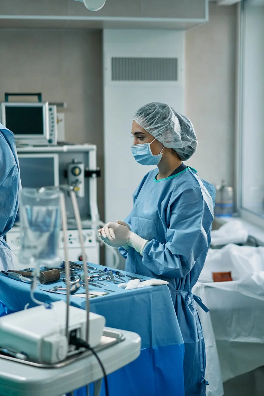 woman in blue scrub suit standing in an operating room